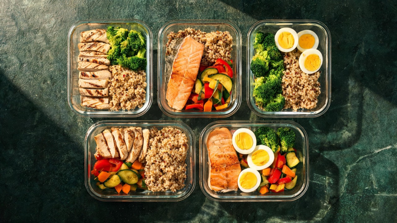 Meal prep bakjes met kipfilet, zalm, eieren, kwark en groenten als eiwitrijke maaltijden op een donkere tafel
