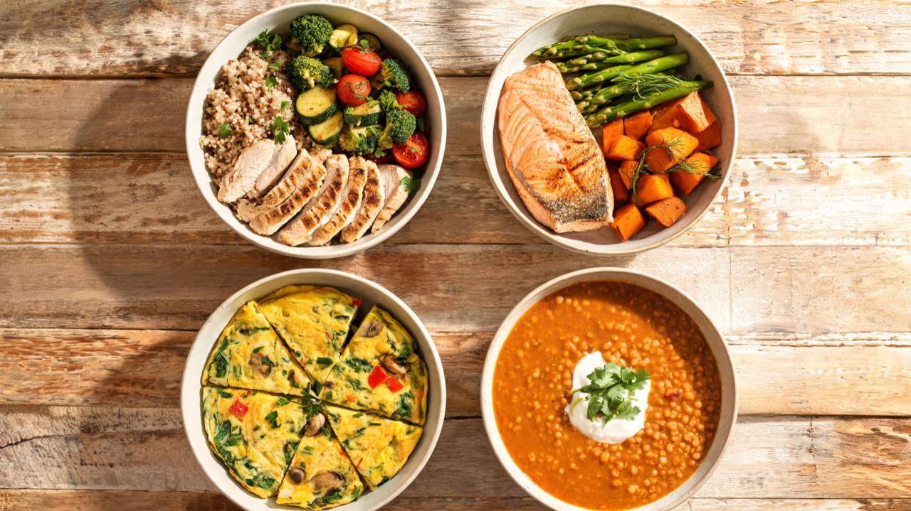 Vier meal prep bakjes met kip met quinoa, zalm met zoete aardappel, omelet en linzensoep op een aanrecht
