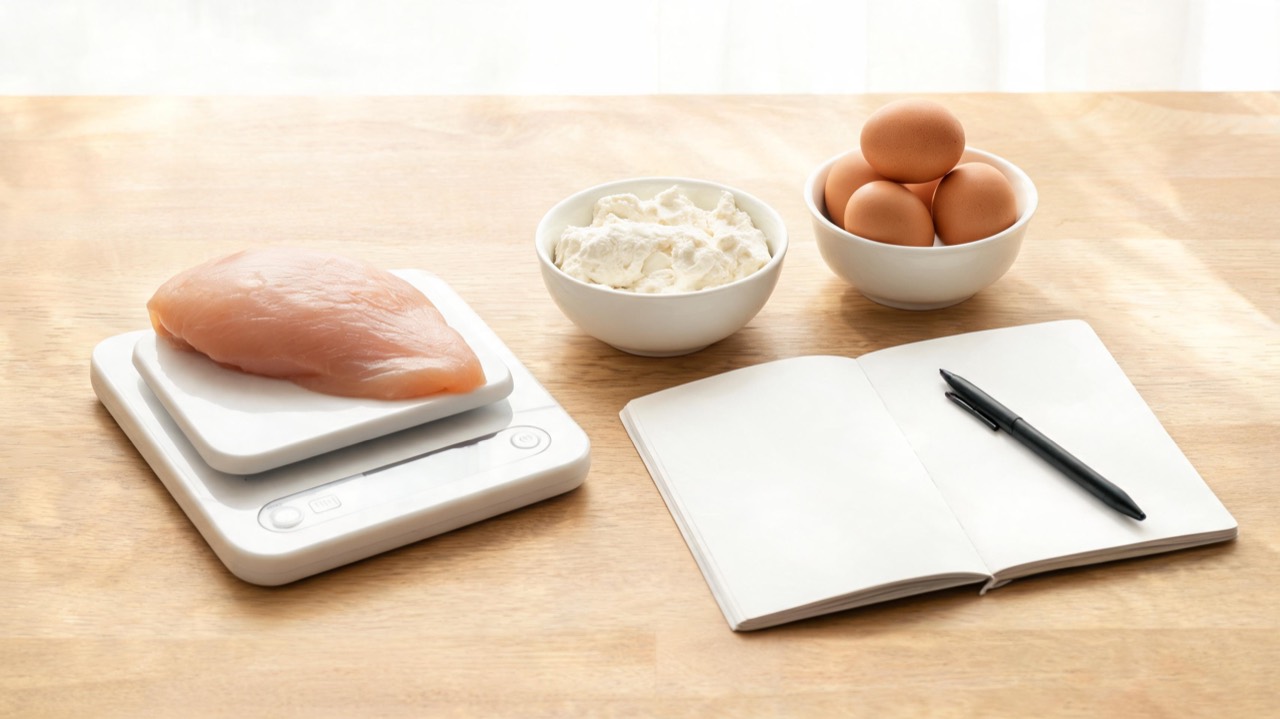 Keukenweegschaal met kipfilet, eieren en kwark naast een notitieboek met een eiwitberekening